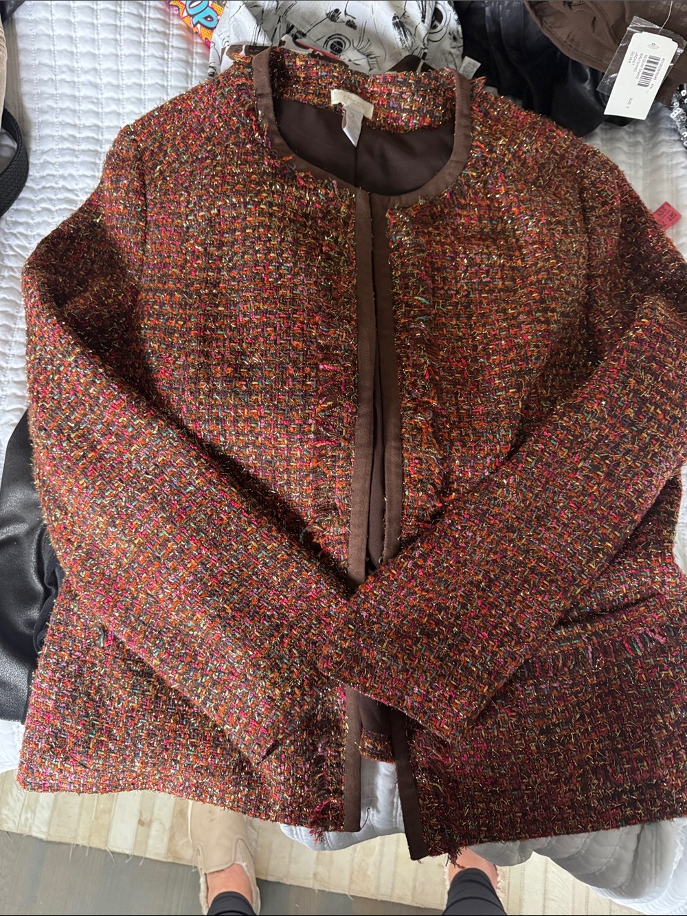 Chico's Multicolor Tweed Jacket with Brown Trim size 3